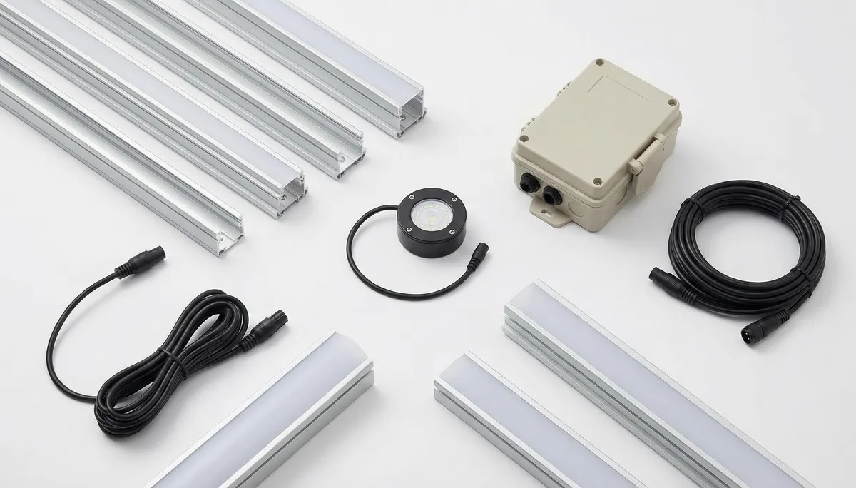 The proprietary BriteBird hardware kit — channel track, controller, power supply, and connection cabling