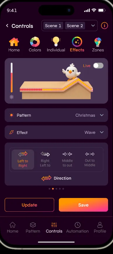The brite bird app — Controls screen, setting a scene on a home's roofline